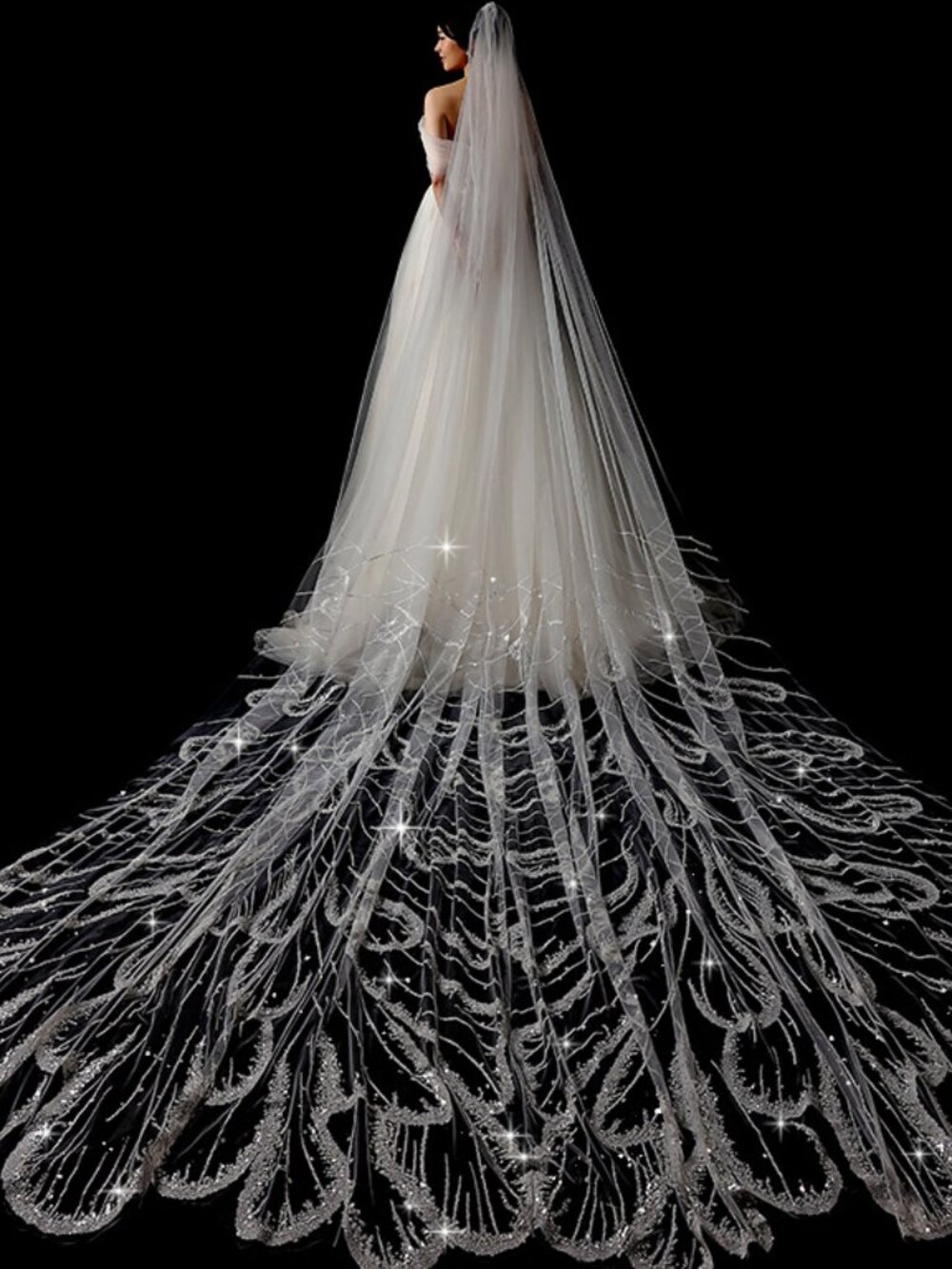 3.5m Sparkle Sequined Cathedral Bridal Veil Feather Pattern Comb